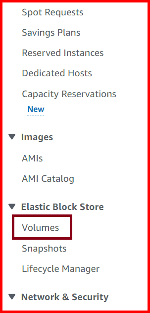 Picture showing the Volume menu option in AWS console
